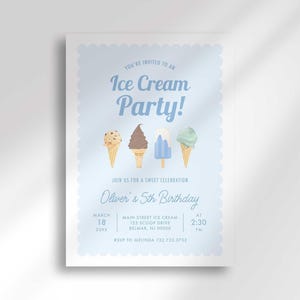 Flat, straight-on view of the light blue "Ice Cream Party!" invitation with party details for Oliver's 5th birthday against a plain white background.