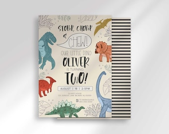 Hand Drawn Doodle Dinosaur Second Birthday Invitation Template, Jurassic Two Party Invite