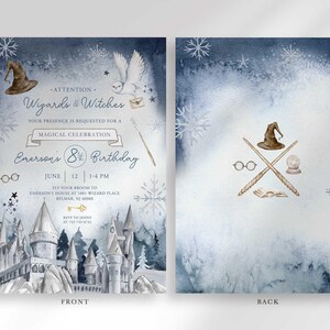Front and back view of the invitation: the front shows the wintery wizard-themed party details, and the back shows a crossed-wand emblem with a sorting hat, glasses, and spellbook on a snowy blue background.