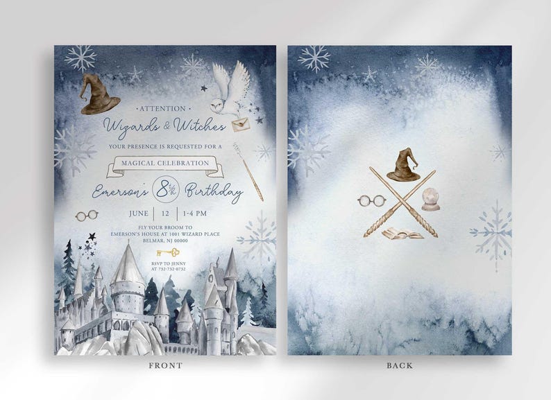 Front and back view of the invitation: the front shows the wintery wizard-themed party details, and the back shows a crossed-wand emblem with a sorting hat, glasses, and spellbook on a snowy blue background.