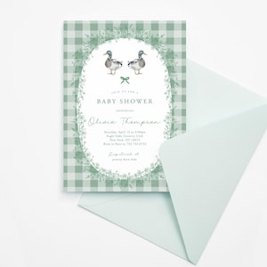Stockenten-Babyparty-Einladung, kleine Enten-Babyparty, Gingham, Monogramm-Babyparty, blaue Baby-Duschen-Einladung
