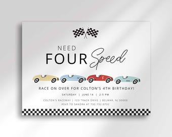 Invito per il 4° compleanno a tema auto da corsa Need Four Speed (download digitale)