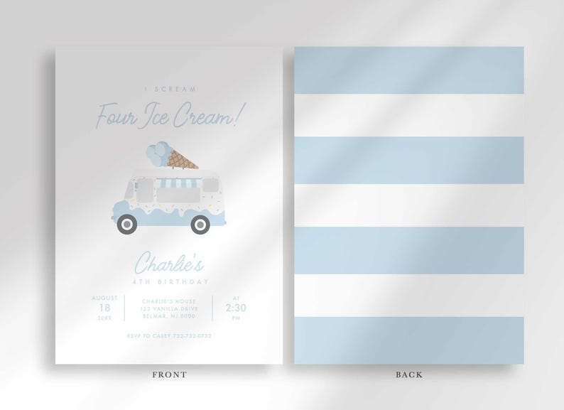 Labeled front and back layout: the front shows the ice cream truck invitation with party details, and the back shows a coordinating blue-and-white stripe pattern.