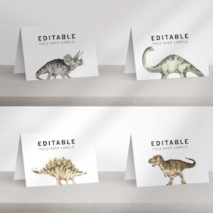 Dinosaur Birthday Fold Over Labels, Jurassic Dino, Table Decor, Placard, Name Card, Food Label, Instant Download