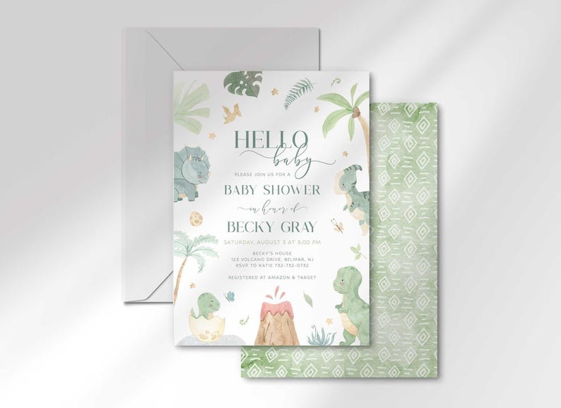Little dino on the way baby shower invitation set