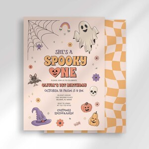 A Halloween-themed first birthday invitation on a tan kraft-paper background with a black and tan checkered border and illustrated ghosts, bats, spiders, a witch hat, and pumpkins, reading 'She's a Spooky One, please join us to celebrate Olivia's 1st birthday, costumes encouraged!' plus date, time, address, and RSVP details.