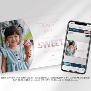 Graphic showing the card displayed on a smartphone, explaining that it can be edited in a web browser on mobile or desktop with no software needed, and printed and mailed or sent digitally by text or email.