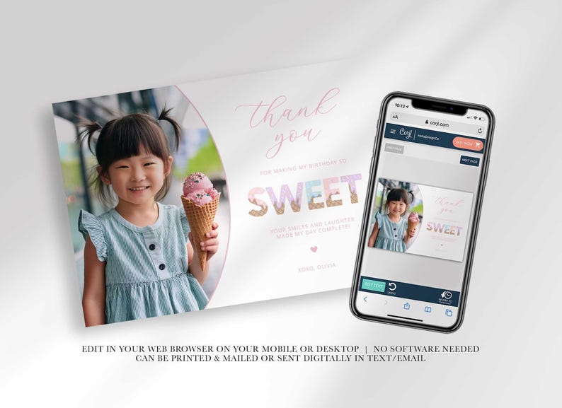 Graphic showing the card displayed on a smartphone, explaining that it can be edited in a web browser on mobile or desktop with no software needed, and printed and mailed or sent digitally by text or email.