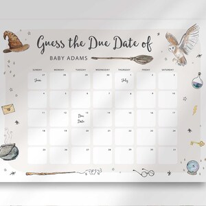 Close-up flat view of the printed Harry Potter guess the due date calendar with witch hat, broom, owl, potion, and key illustrations around the grid.