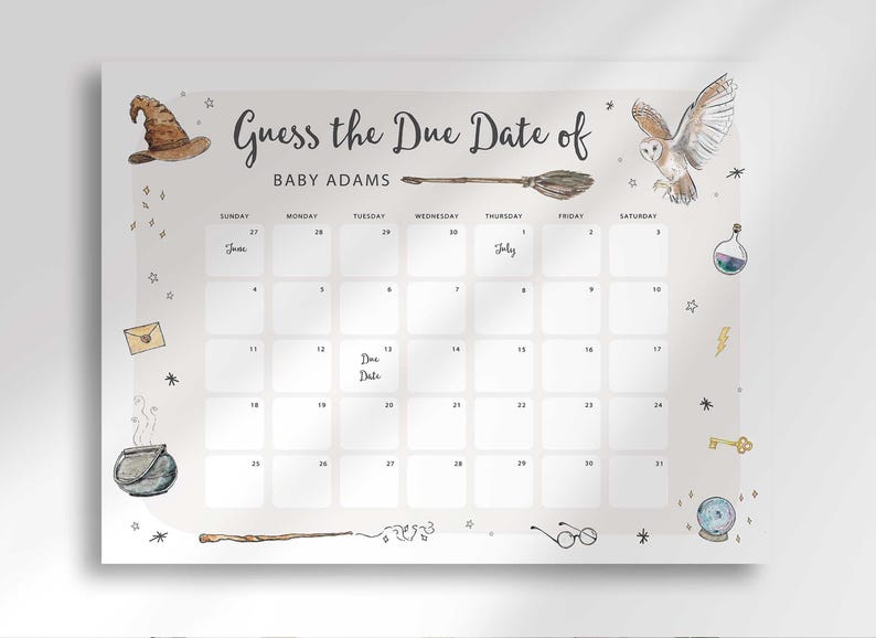 Close-up flat view of the printed Harry Potter guess the due date calendar with witch hat, broom, owl, potion, and key illustrations around the grid.