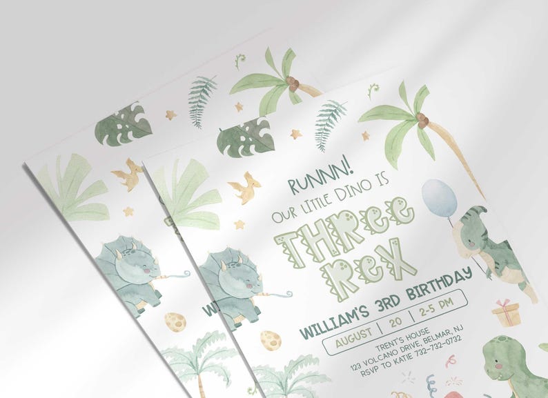 Angled close-up of William's dinosaur-themed third birthday invitation, showing the dinosaur and jungle leaf illustrations with party details.