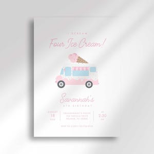 A full straight-on view of Savannah's 'I Scream, Four Ice Cream!' 4th birthday invitation with an illustrated pink ice cream truck and ice cream cone on a white background.