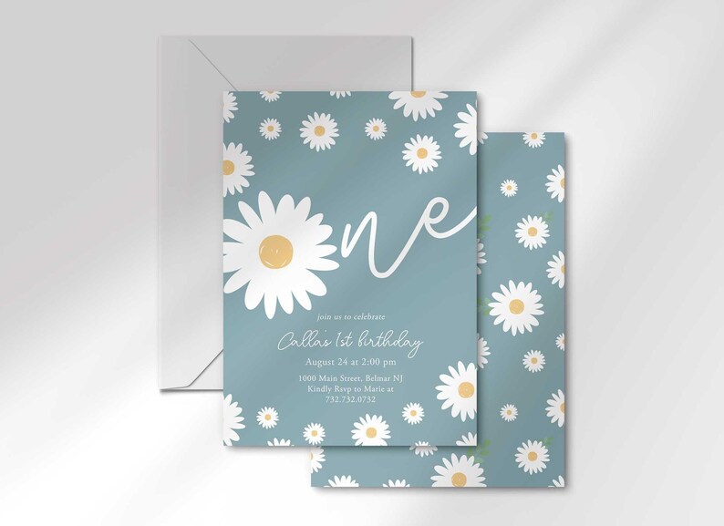 The 'ONE' invitation for Callie's 1st birthday layered in front of its matching envelope and a second card showing the daisy pattern back design.