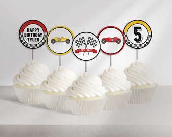 Bearbeitbare Rennwagen-Geburtstags-Cupcake-Topper | Digitaler Download | Druckbares DIY | Retro | Oldtimer-Rennwagen