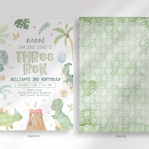 Front and back view of the invitation: the front shows the dinosaur party details, and the back shows a sage green geometric pattern.
