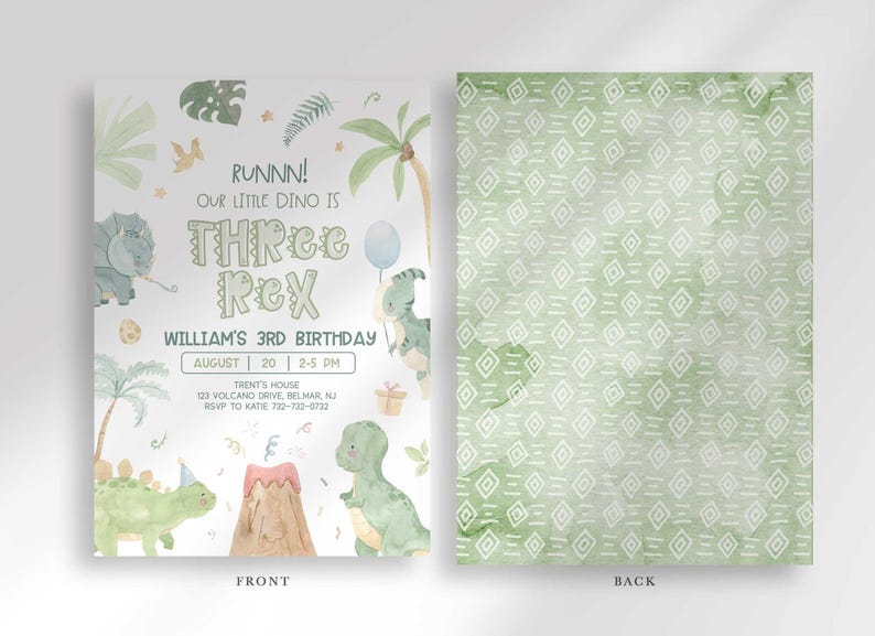 Front and back view of the invitation: the front shows the dinosaur party details, and the back shows a sage green geometric pattern.