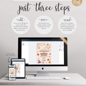 A Corjl explainer graphic titled "just three steps": edit your details online, save your design as a JPG or PDF, and send by printing at home, a professional printer, or digitally via text or email, shown on a desktop computer and mobile devices displaying Olivia's invitation.