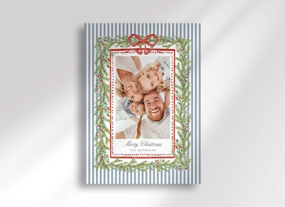 Coastal Christmas Family Photo Card with Red Bow Garland Preppy Stripe Holiday Greeting (Digital Download)
