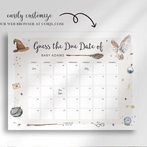 Harry Potter guess the due date calendar shown with text reading easily customize in your web browser at Corjl.com.