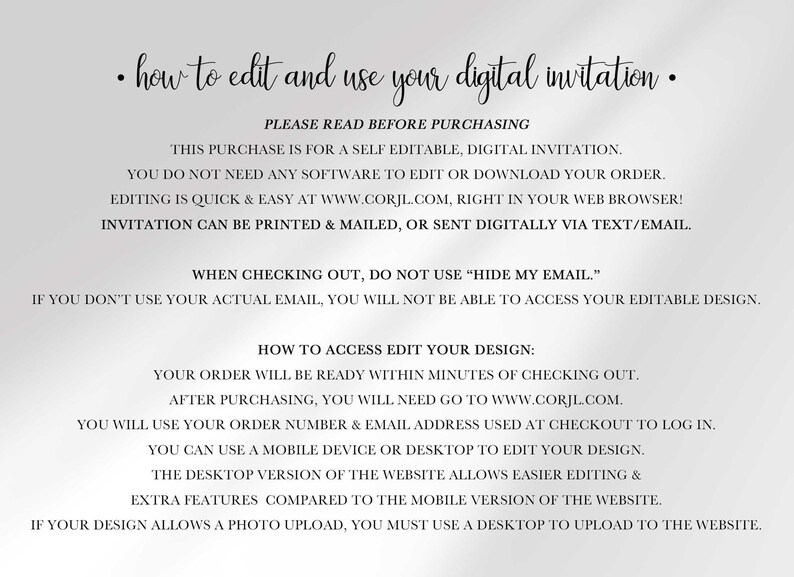 Text graphic with instructions on how to edit and use your digital invitation at Corjl.com, including a note not to use "hide my email" at checkout.