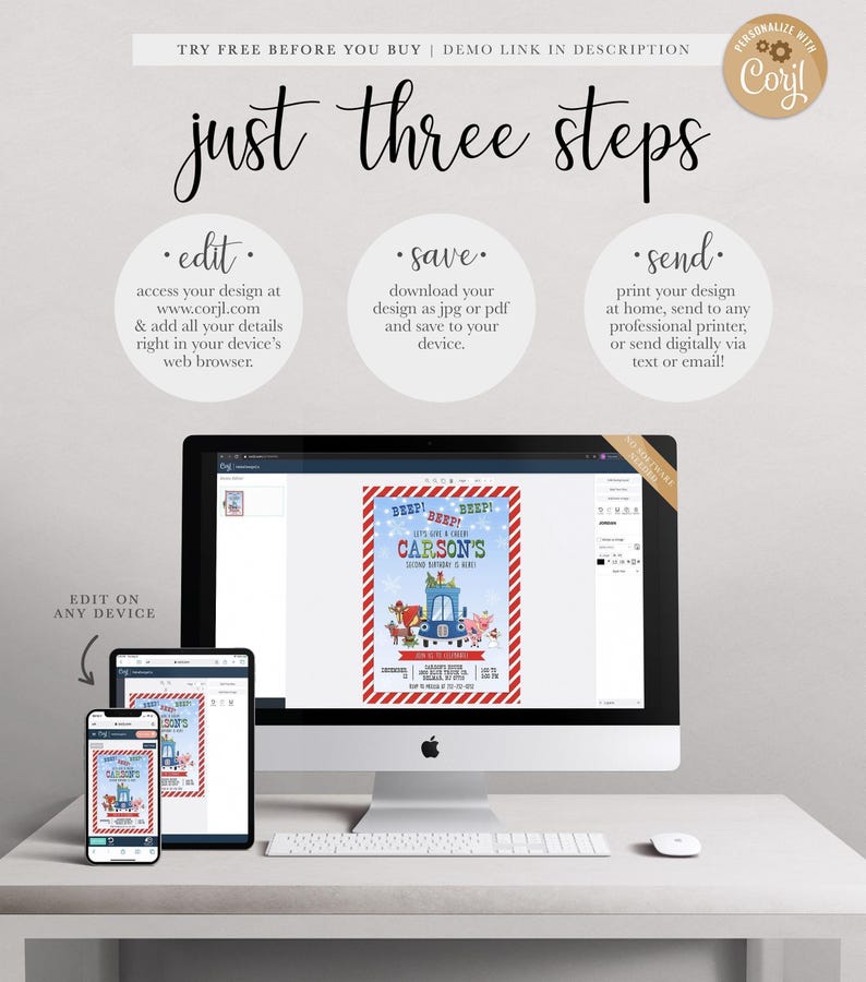 A Corjl explainer graphic reading 'just three steps: edit, save, send' with instructions to access and edit the design at corjl.com, download as JPG or PDF, then print at home or send digitally, shown over a desktop computer, tablet, and phone displaying Carson's winter truck-themed invitation.