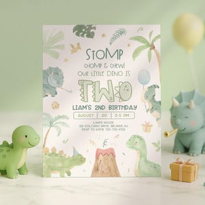 Watercolor Dinosaur 2nd Birthday Invitation, Jurassic Two Party Invite (Digital Download)