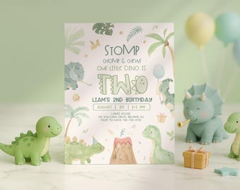 Watercolor Dinosaur 2nd Birthday Invitation, Jurassic Two Party Invite (Digital Download)