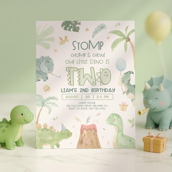 Watercolor Dinosaur 2nd Birthday Invitation, Jurassic Two Party Invite (Digital Download)