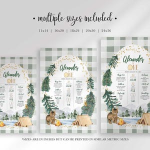 Multiple sizes included graphic showing three scaled versions of the Alexander is ONE sign (11x14, 16x20, 18x24, 20x30, 24x36) with a note that sizes are listed in inches but can be printed at similar metric sizes.
