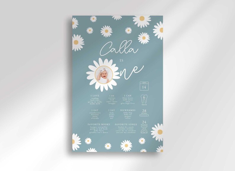 Full view of the blue daisy-themed "Calla Is One" first birthday milestone poster without the easel display, showing the complete milestone stat layout.