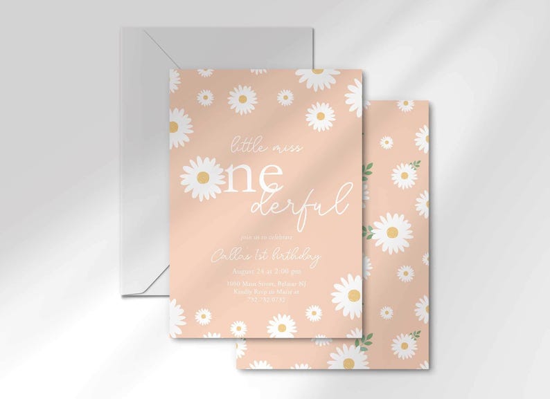 The 'Little Miss ONEderful' invitation for Callie layered in front of its matching envelope and a second card showing the daisy pattern back design.