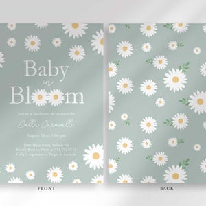 Front and back view of the invitation: the front shows the sage green daisy design with party details, and the back shows a matching repeating daisy pattern.