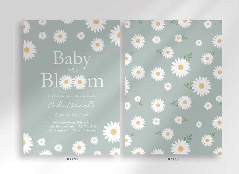 Front and back view of the invitation: the front shows the sage green daisy design with party details, and the back shows a matching repeating daisy pattern.