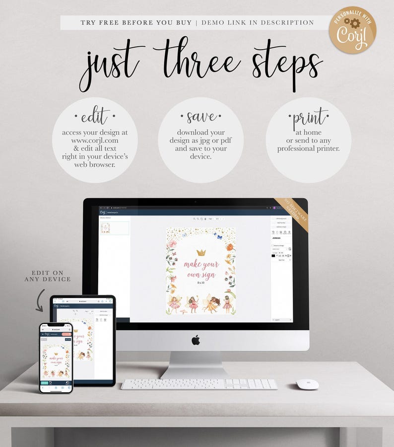 An instructional graphic showing the three editing steps on a computer, tablet, and smartphone displaying the fairy sign.