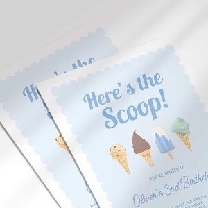 Close-up angled shot of two overlapping printed invitations, highlighting the scalloped border and ice cream cone illustrations.