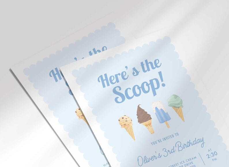 Close-up angled shot of two overlapping printed invitations, highlighting the scalloped border and ice cream cone illustrations.