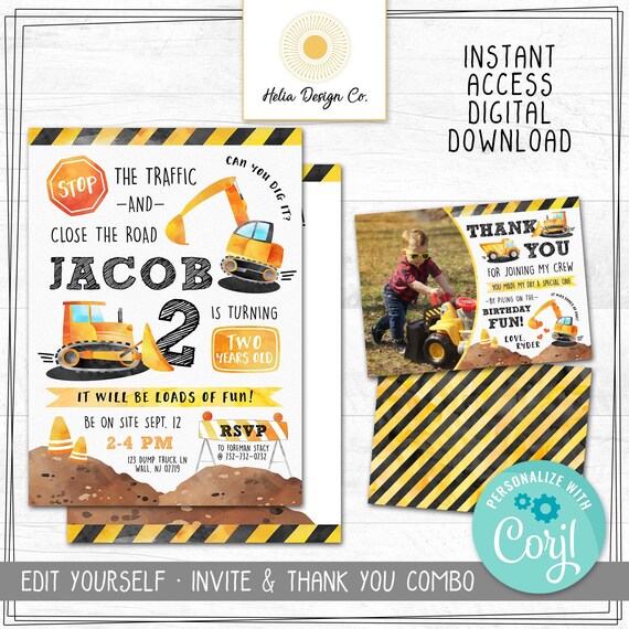 Edit Yourself Construction Birthday Invitation and Thank You Combo | Truck Invitation | Digital Download | Printable Invitation | Any Age Il_570xn