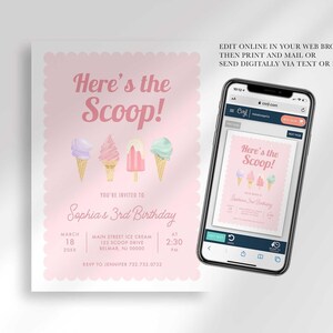 Phone mockup showing the design on a Corjl editor screen, with text noting you can edit online in your web browser, then print and mail or send digitally via text or email.