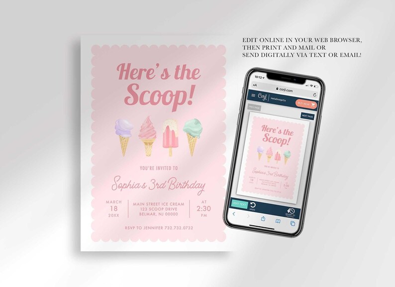 Phone mockup showing the design on a Corjl editor screen, with text noting you can edit online in your web browser, then print and mail or send digitally via text or email.