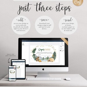 Just Three Steps graphic (edit at Corjl.com, save as jpg or pdf, print at home on letter paper or 3x5 index cards and send out) with desktop, tablet, and phone mockups showing the Diaper Raffle card open for editing.