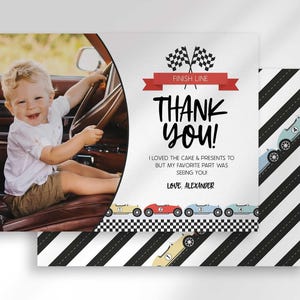 Alexander's race car-themed thank you photo card with the boy's photo mockup layered in front of a second card showing a black and white diagonal race-stripe back design.