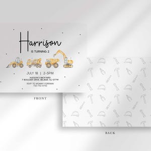 Front and back view of the construction truck birthday invitation, front showing party details and back showing a tool and hard hat pattern.
