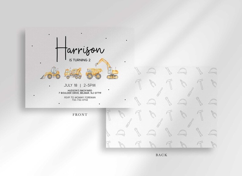 Front and back view of the construction truck birthday invitation, front showing party details and back showing a tool and hard hat pattern.