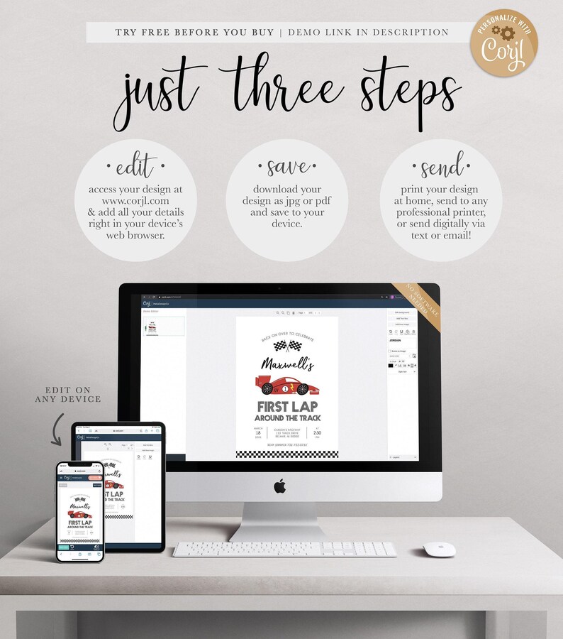 A Corjl explainer graphic titled "just three steps": edit your details online, save your design as a JPG or PDF, and send by printing at home, a professional printer, or digitally via text or email, shown on a desktop computer and mobile devices displaying Maxwell's invitation.