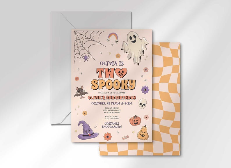 Olivia's Halloween-themed second birthday invitation layered in front of its matching envelope and a second card showing an orange checkerboard back design.