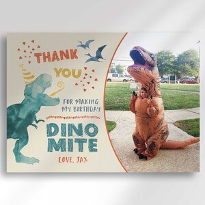 Cartão de agradecimento de dinossauro editável | Download digital instantâneo | Cartão de agradecimento com foto | Obrigado T-Rex | Corjl.com