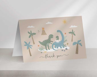 Kartka z podziękowaniami z dinozaurem na urodziny lub baby shower, dekoracja jurajska (do pobrania w wersji cyfrowej)