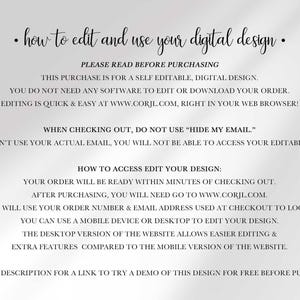 Text instructions explaining how to edit and use the digital design with purchase details and access steps.