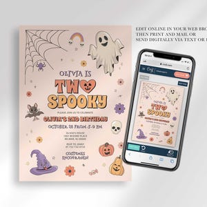 An explainer graphic reading "edit online in your web browser, then print and mail or send digitally via text or email" with Olivia's invitation shown on a smartphone screen.
