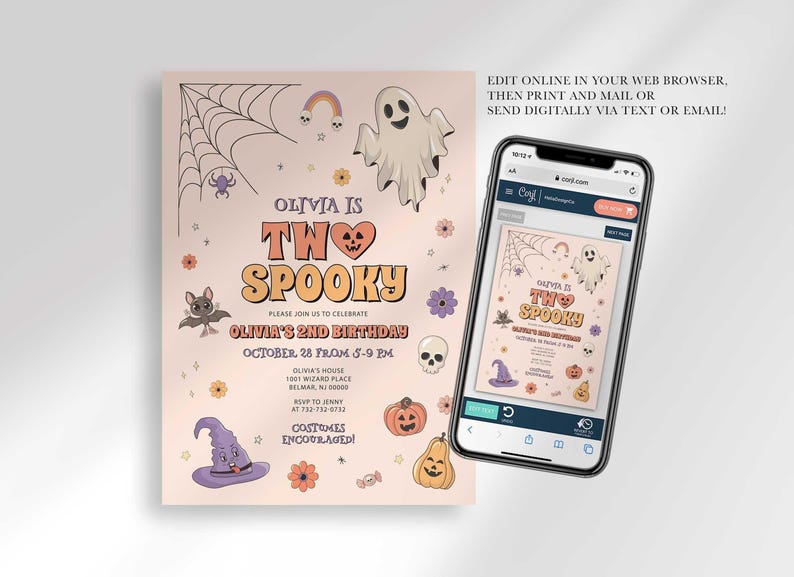 An explainer graphic reading "edit online in your web browser, then print and mail or send digitally via text or email" with Olivia's invitation shown on a smartphone screen.